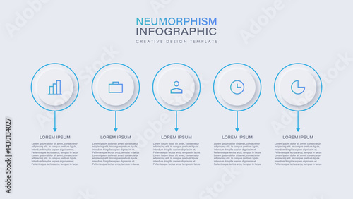 Neumorphism vector white infographic template with five steps or options. Clean infographic design with icons and text