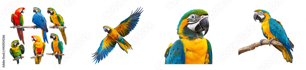 Colorful parrots perched and flying against a transparent background Colorful parrots perched and flying against a transparent background
