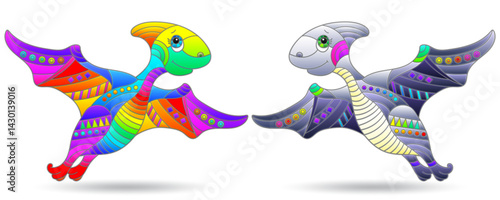 A set of illustrations in the style of stained glass with bright dinosaurs, animals isolated on a white background