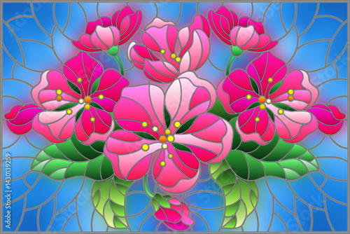 An illustration in stained glass style with a branch of cherry blossoms, flowers, buds and leaves on a blue background