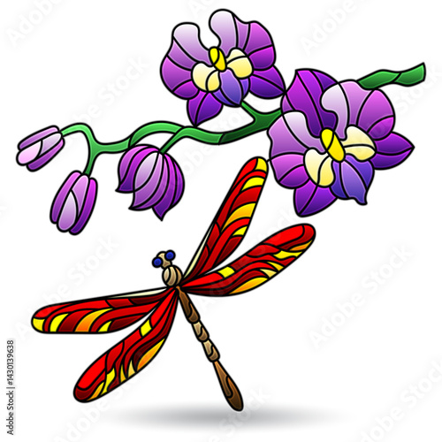 Illustration in the style of stained glass with dragonflY and orchid flowers, animal isolated on a white background