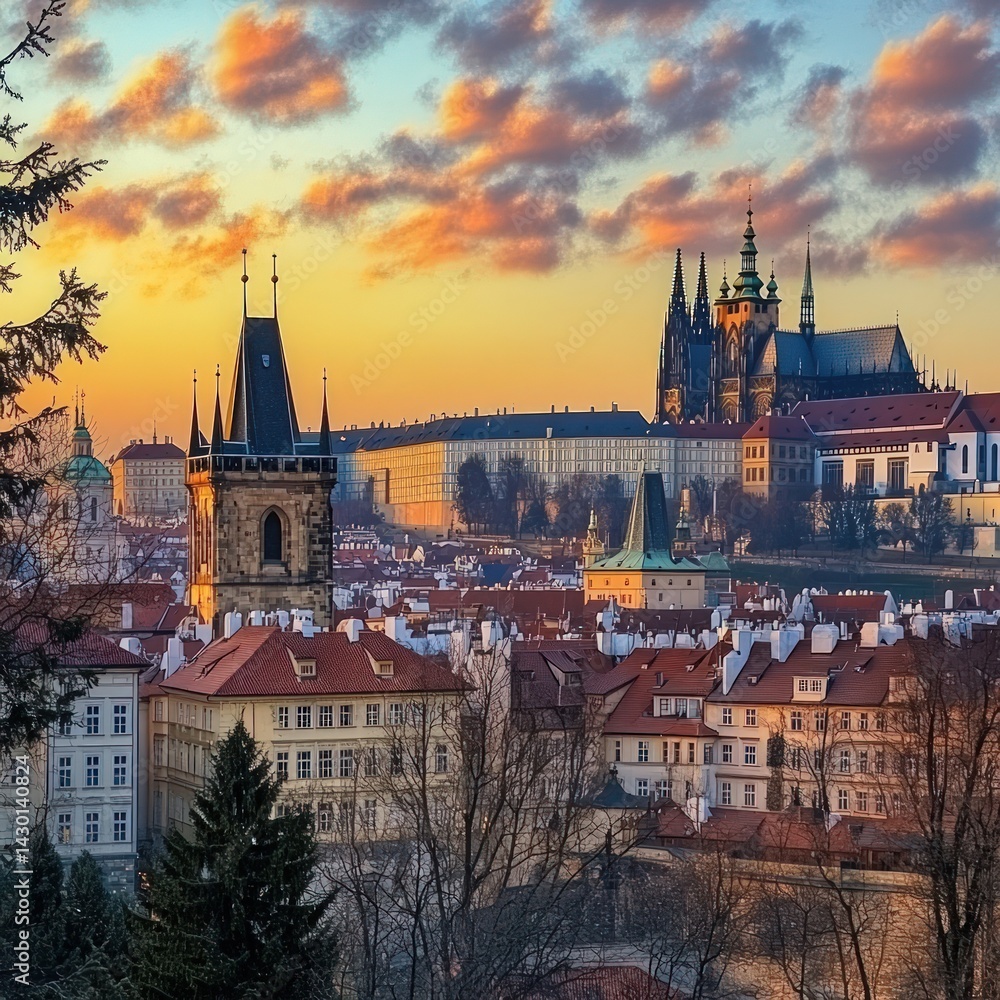 Fototapeta premium Prague cityscape at sunrise. A panoramic view of Prague's historic architecture at dawn, showcasing its charming buildings and spires against a vibrant sunrise sky