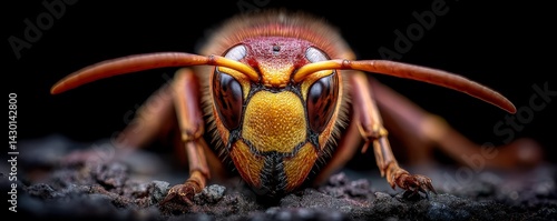 Close up macro view of Asian hornet head. Yellow legged hornet Vespa velutina insect details. Macro photo shows insect features. Details of insect head visible. Predatory wasp species