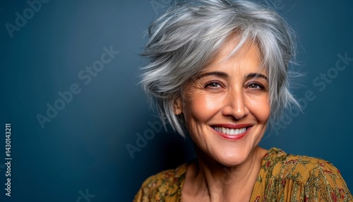 Close up portrait of smiling mature woman. Short grey hair wrinkled skin natural beauty. Confident older female with joyful face. Aged lady senior smiling at camera. Authentic glimpse