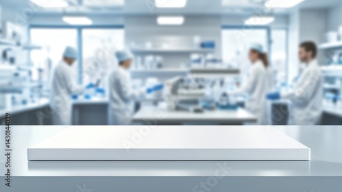 White countertop foreground with blurry lab background, people in lab coats. Present medical products, pharmaceutical innovations, or lab equipment.