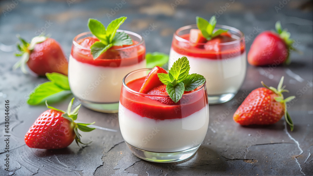 Panna cotta with strawberry topping and mint leaves Panna cotta with strawberry topping and mint leaves