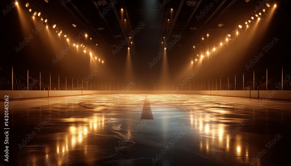 Empty pro ice rink arena illuminated by golden lights spotlights. Winter sports poster background for hockey competitions. Spacious arena with copy space. Modern arena design. Generative Empty pro ice rink arena illuminated by golden lights spotlights. Winter sports poster background for hockey competitions. Spacious arena with copy space. Modern arena design. Generative