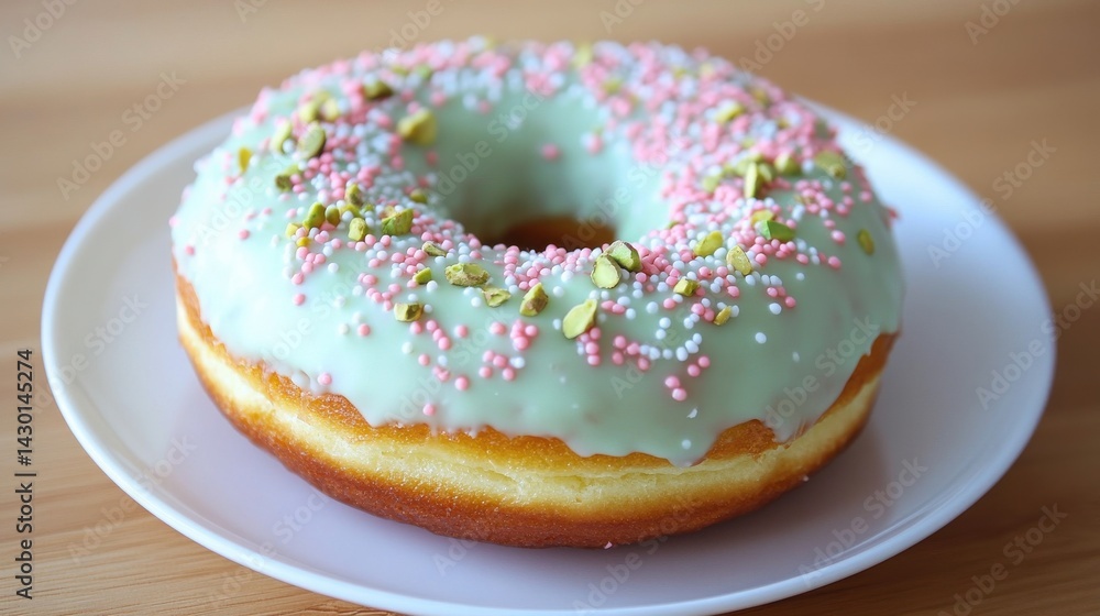 A donut with a green pistachio glaze and chopped pistachios on top, set on a wire rack. A donut with a green pistachio glaze and chopped pistachios on top, set on a wire rack.