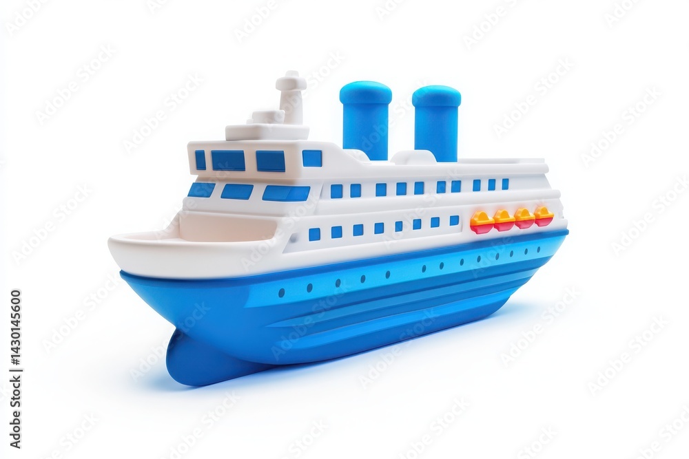Toy cruise ship, blue and white, isolated on white background Toy cruise ship, blue and white, isolated on white background