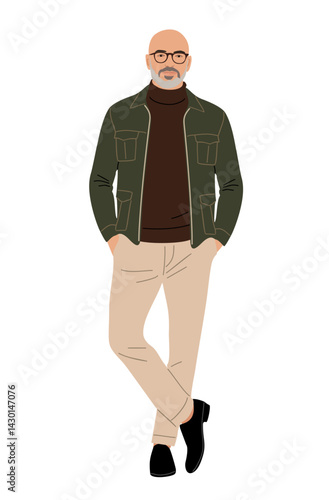 Senior businessman standing in smart casual outfit. Aged bald man with beard and glasses vector realistic illustration isolated on transparent background.