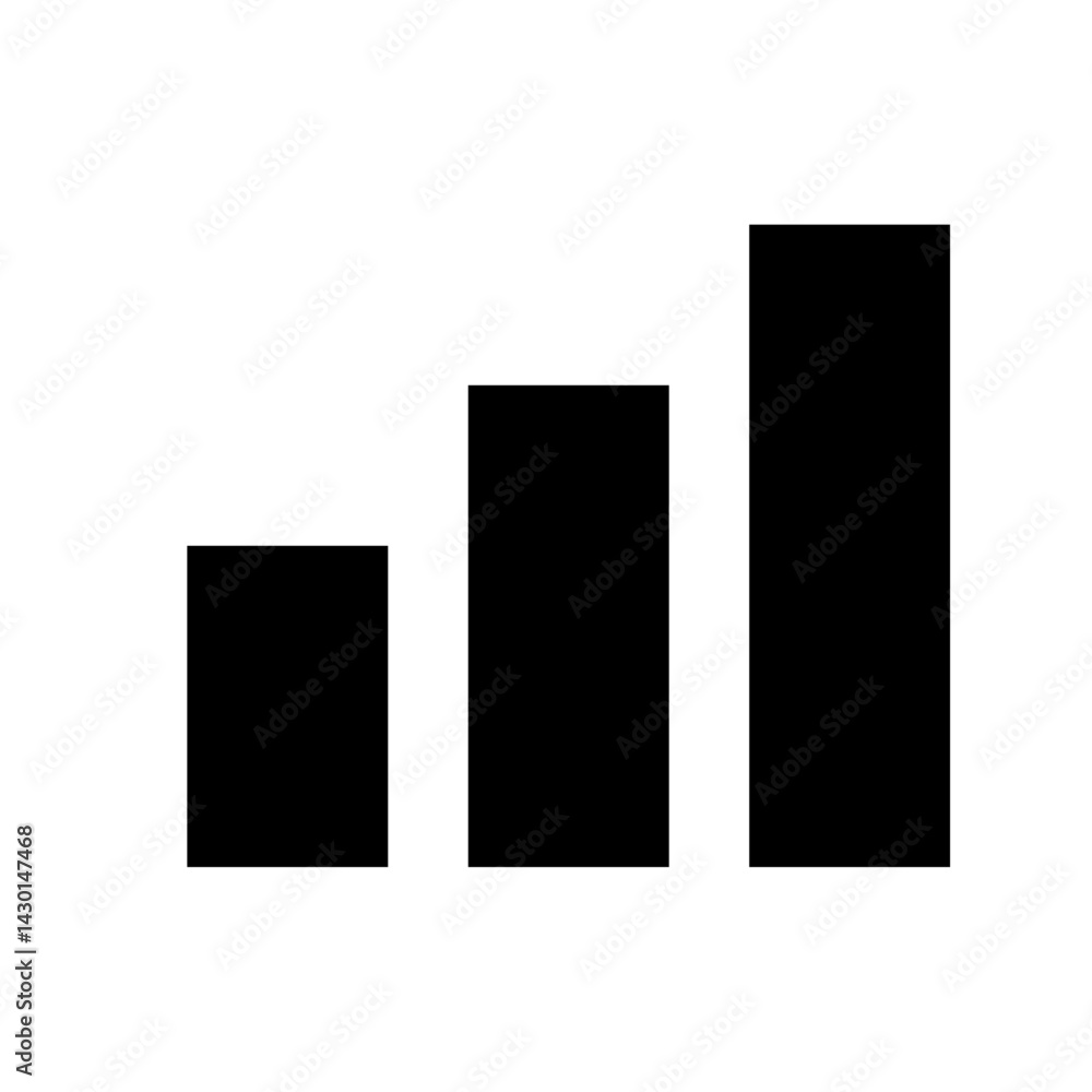 Three black vertical bars of increasing height arranged side by side on a white background showing growth Three black vertical bars of increasing height arranged side by side on a white background showing growth