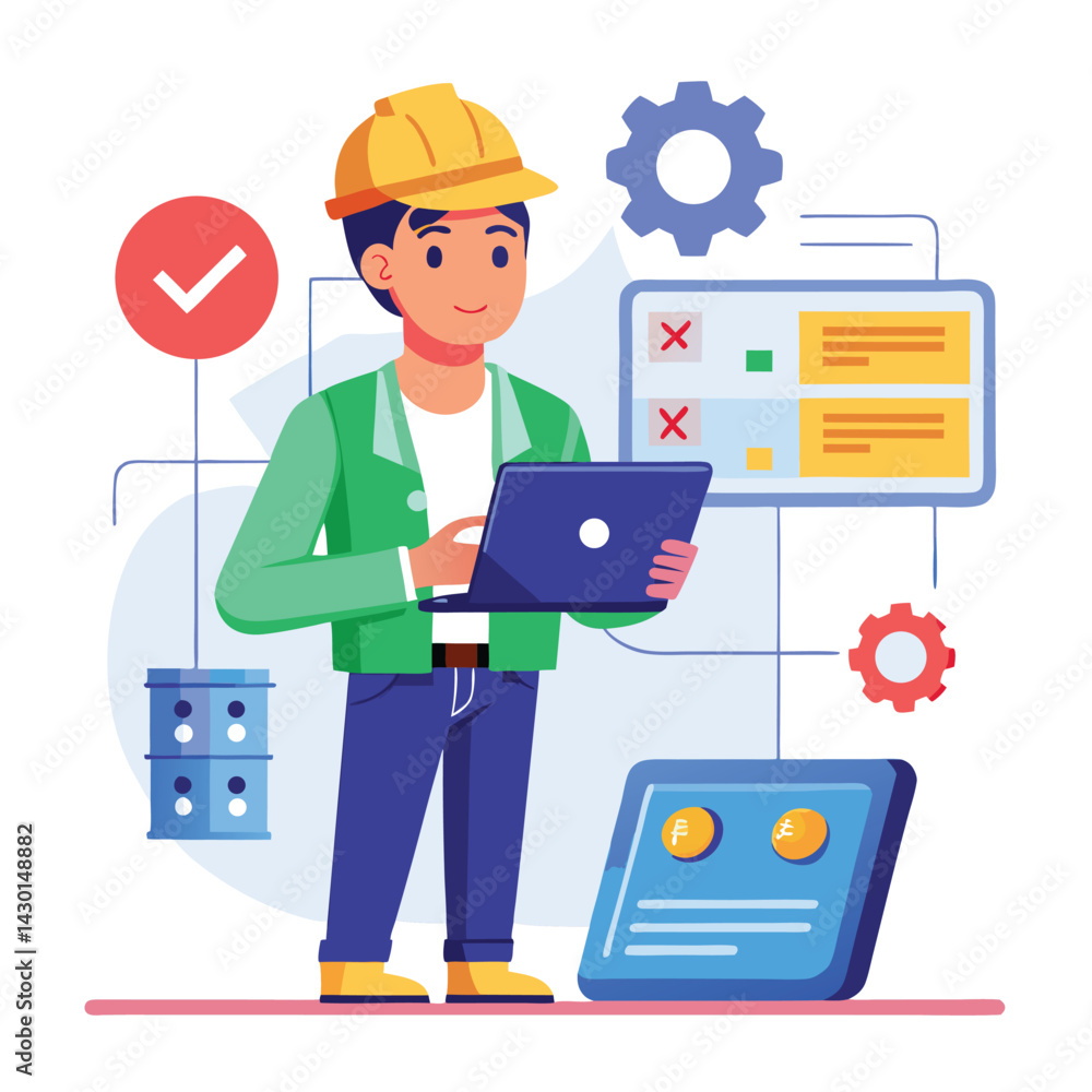 Fototapeta premium male engineer checks the program and discovers an error. Hand drawn style vector design illustrations.