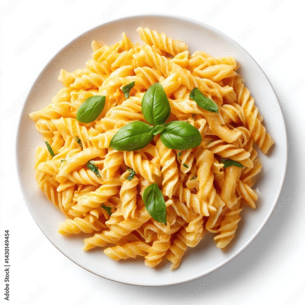 Pasta with basil on plate isolated on white background Pasta with basil on plate isolated on white background