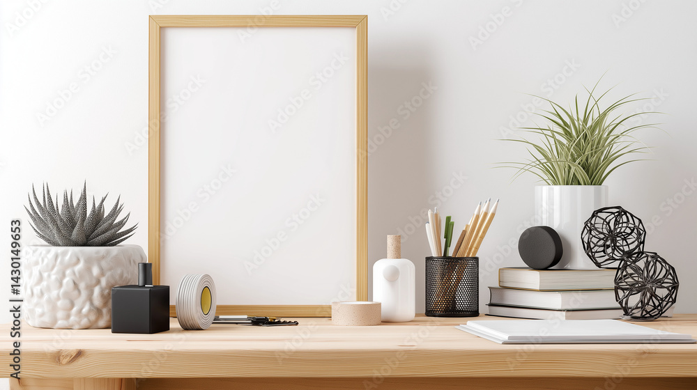 Wooden Desk Mockup Blank Frame Plants Stationery Wooden Desk Mockup Blank Frame Plants Stationery
