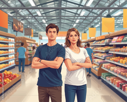 shopping a man and a woman are standing in a grocery aisle with their arms crossed and looking at each other people in the background
