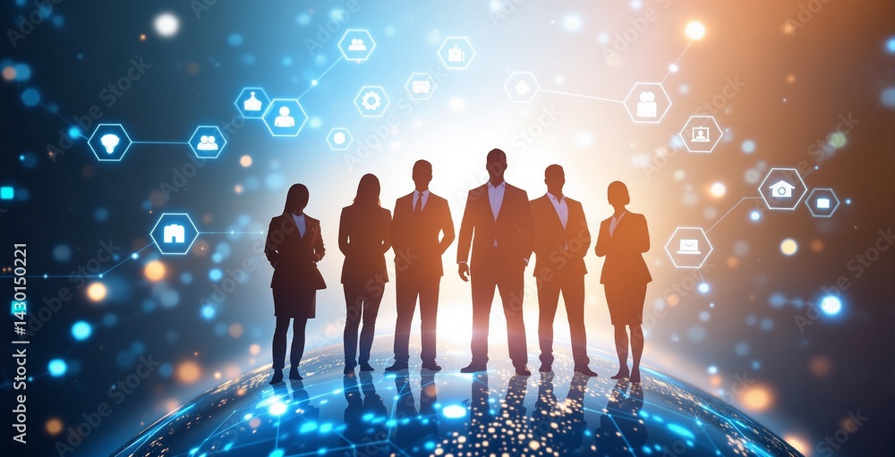 Group of businesspeople silhouetted on a glowing digital globe with futuristic interface icons on a creative abstract background. Concept of innovation. Ai generative