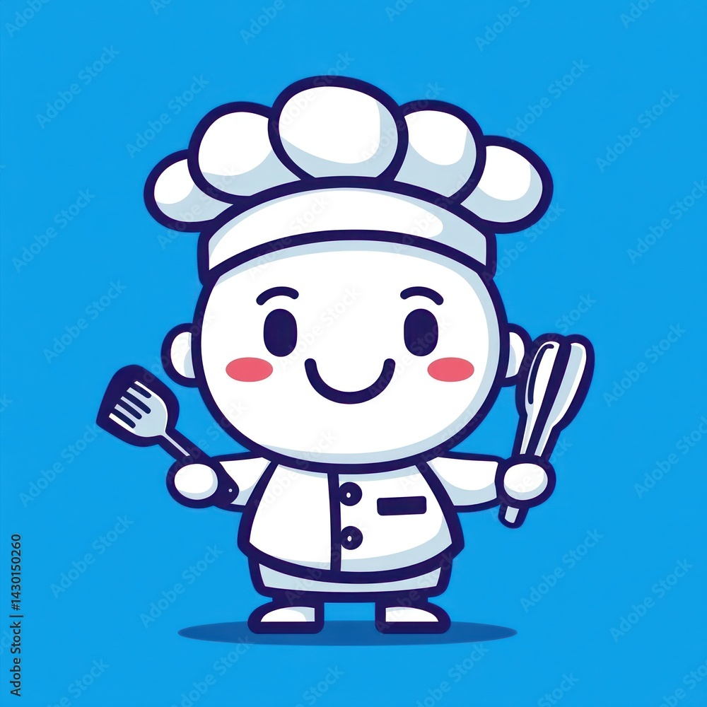 Cartoon chef holding spatula and tongs on blue background. Possible use Children's book illustration Cartoon chef holding spatula and tongs on blue background. Possible use Children's book illustration