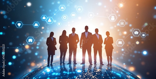 Obraz na płótnie Group of businesspeople silhouetted on a glowing digital globe with futuristic interface icons on a creative abstract background. Concept of innovation. Ai generative w salonie