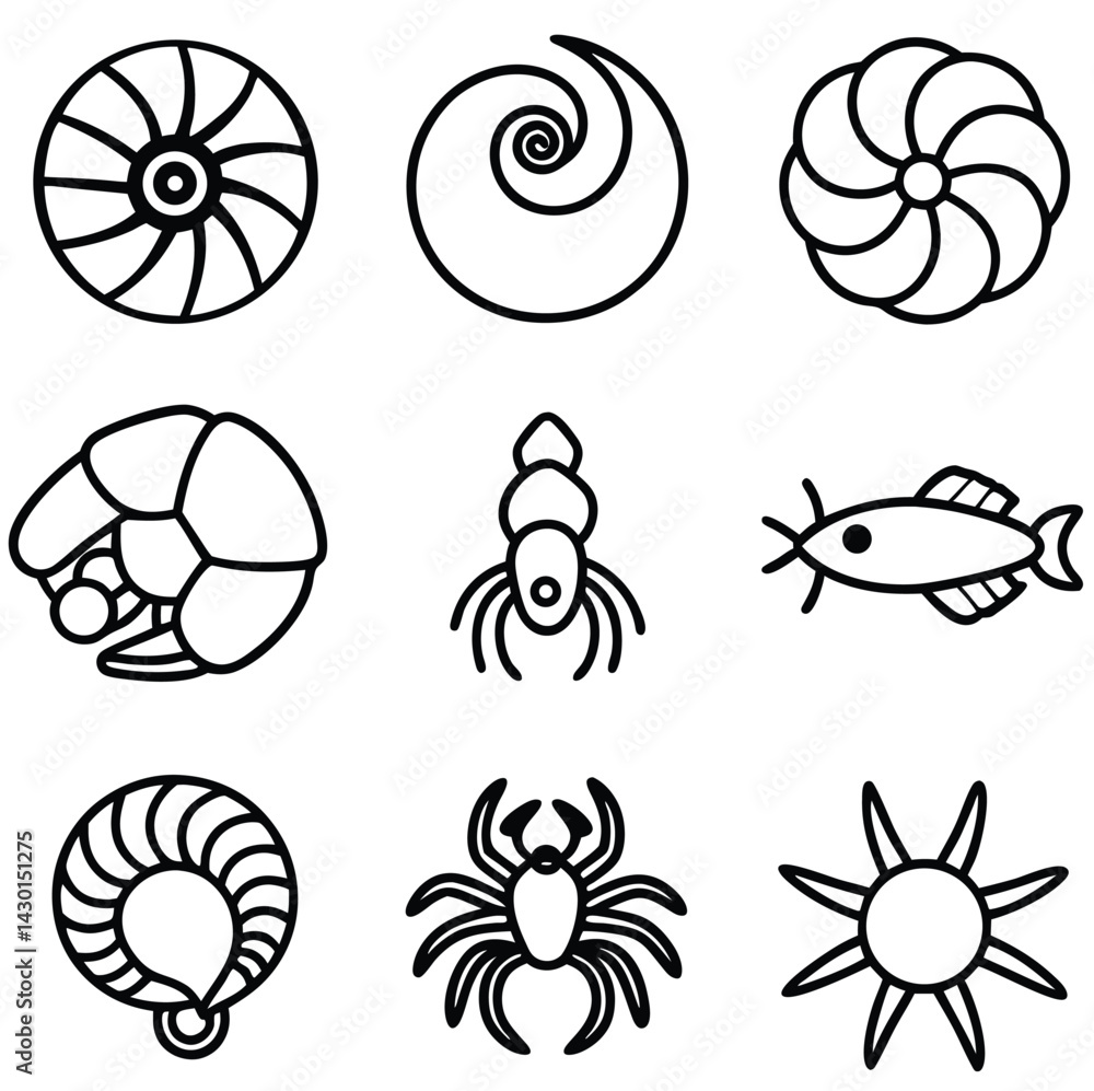 Fototapeta premium Marine Creatures Vector Set Black and White Icons