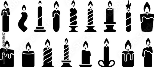 Collection of black silhouettes of candles with flames for decoration and celebration