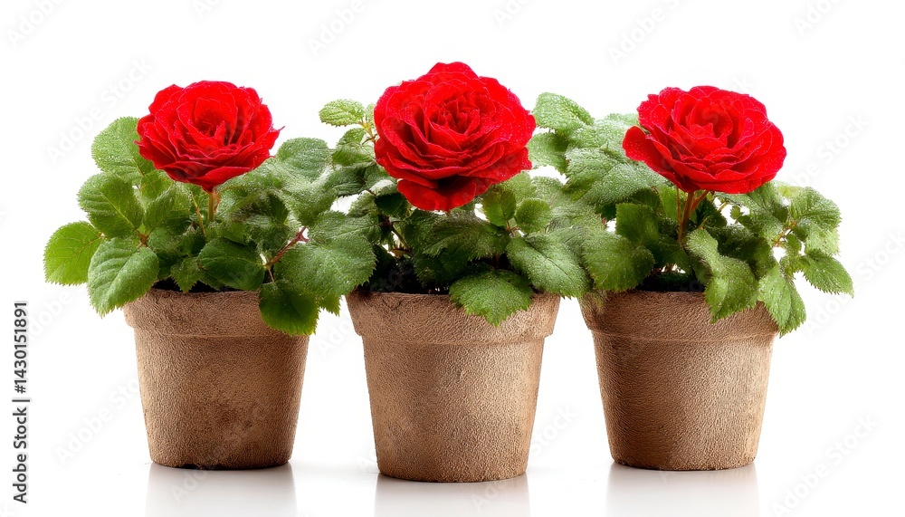 Three red roses in small brown pots isolated on white background. Potted blooming rose plants green leaves fresh flowers for sale. Decorative home garden design. Springtime seasonal Three red roses in small brown pots isolated on white background. Potted blooming rose plants green leaves fresh flowers for sale. Decorative home garden design. Springtime seasonal