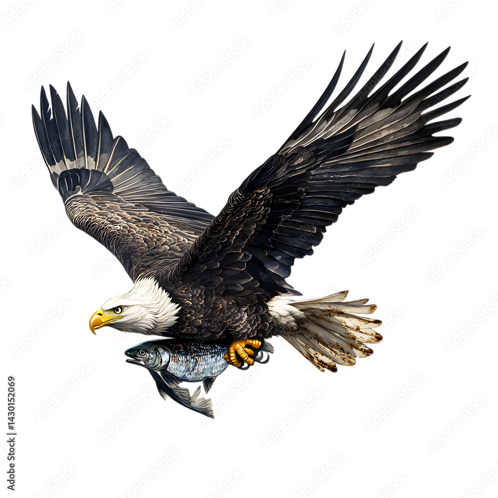 Obraz premium Majestic Bald Eagle in Flight with Fish transparent background