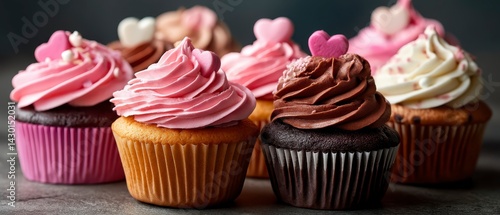 Valentine Day cupcakes. Heart shaped decorations pink frosting. Sweet desserts for romance celebration. Wedding anniversary treat. Gourmet pastry bakery product. Gift for lovers sweet