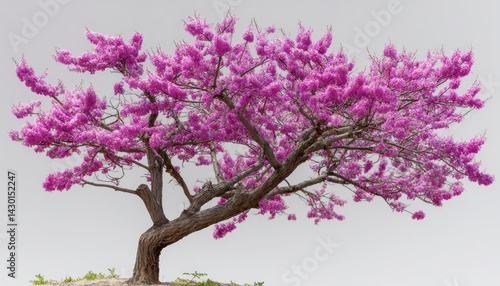 Vibrant Eastern Redbud tree in full bloom showcases beauty of spring season. Pink blossoms against white background. Plant flower park landscape design create a sense of peace. Cherish