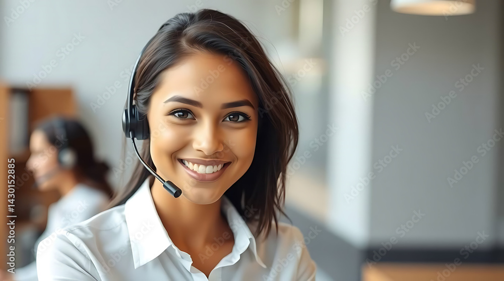 Smiling Asian Female Call Center Agent Wearing Headset in Office Environment
Smiling Asian Female Call Center Agent Wearing Headset in Office Environment