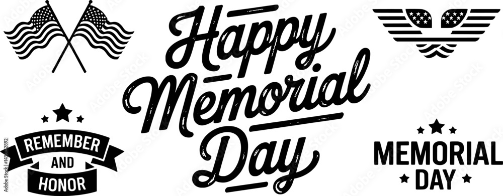 Fototapeta premium Happy memorial day black and white vector graphics with flags and patriotic elements