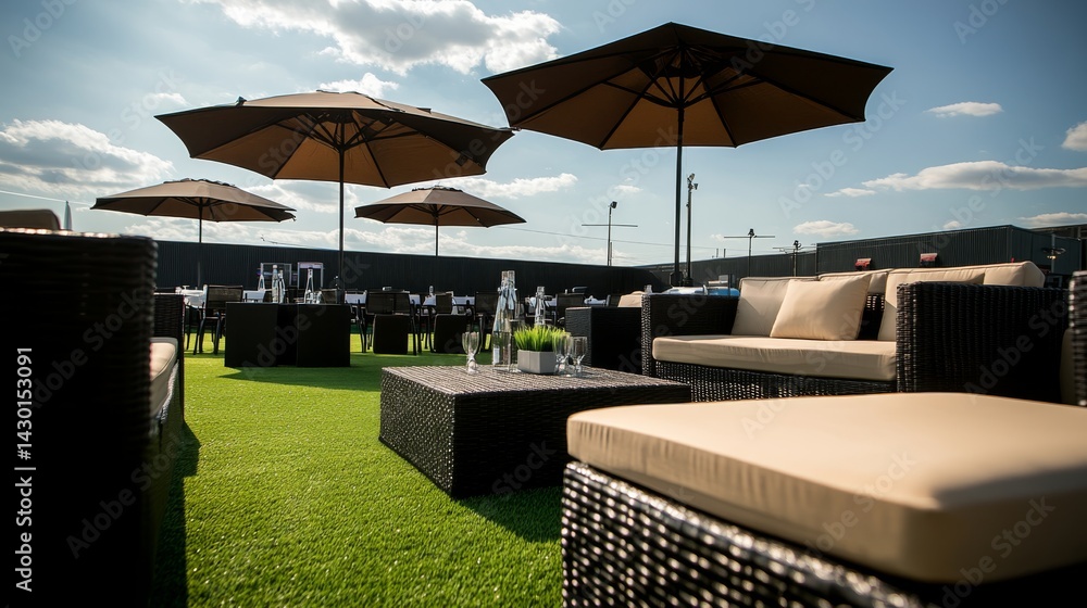 Fototapeta premium Contemporary outdoor meeting area features stylish couches and a table, with large umbrellas providing shade for a vibrant and inviting atmosphere
