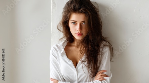 Young woman in white shirt stands against white wall. Arms crossed. Brunette with long wavy hair. Portrait of attractive confident female. Modern beauty lifestyle photo. Expression of.