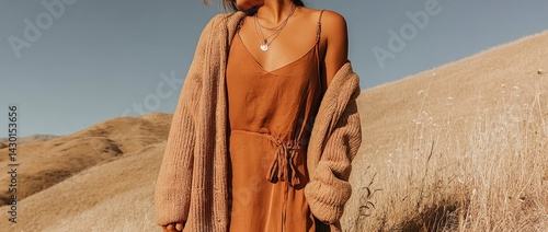 Young woman in eco friendly fashion. Dress features natural fabrics linen organic cotton nature inspired colors. Sustainable fashion concept in field at golden hour. Ethical apparel