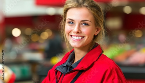 Young woman smiles confidently at camera. Happy employee in grocery store. Professional retail worker looking directly at viewer. Indoor supermarket setting. Friendly employee in retail