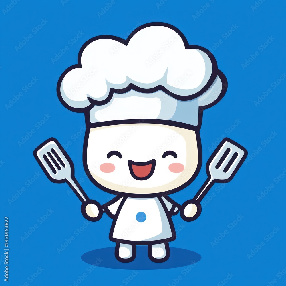 Cartoon Chef Holding Spatulas Against Blue Background. Possible Use Stock Photo Cartoon Chef Holding Spatulas Against Blue Background. Possible Use Stock Photo