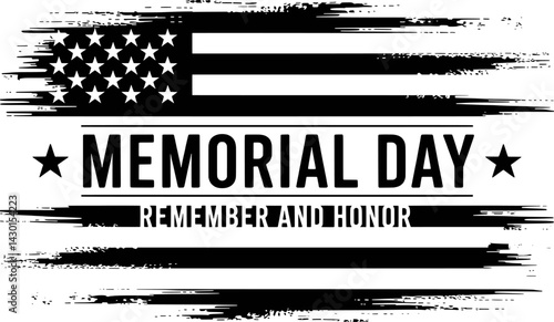 Black and white memorial day design with grunge american flag illustration