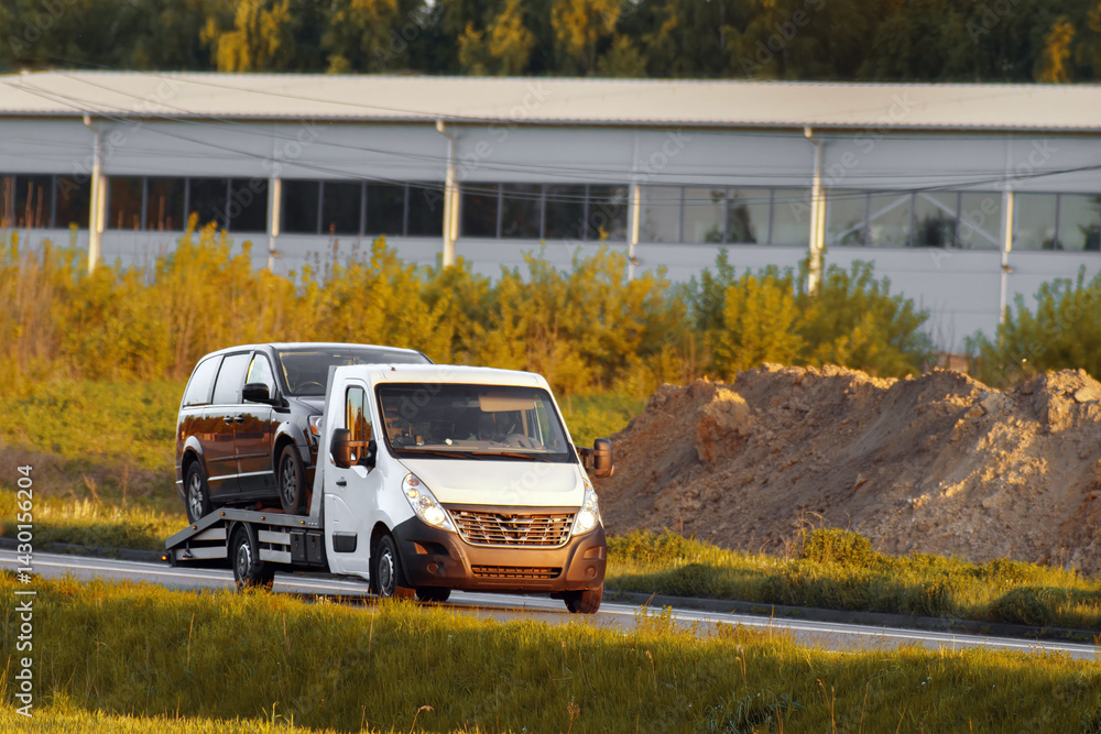 White tow truck transporting black SUV in countryside