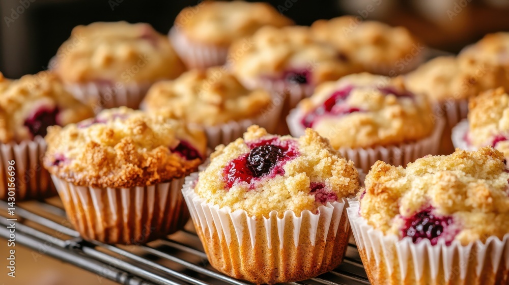 A close-up of a raspberry muffin with a crumble topping, sitting on a wire rack with other muffins in the background. A close-up of a raspberry muffin with a crumble topping, sitting on a wire rack with other muffins in the background.