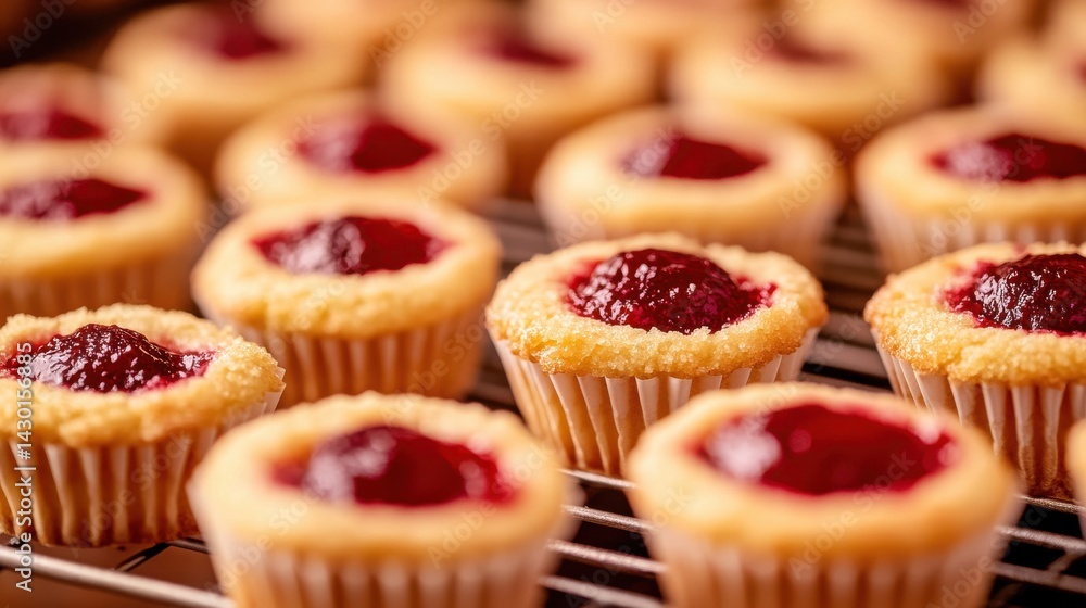 A close-up of a raspberry muffin with a crumble topping, sitting on a wire rack with other muffins in the background. A close-up of a raspberry muffin with a crumble topping, sitting on a wire rack with other muffins in the background.