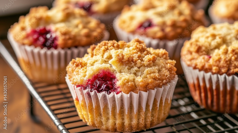 A close-up of a raspberry muffin with a crumble topping, sitting on a wire rack with other muffins in the background. A close-up of a raspberry muffin with a crumble topping, sitting on a wire rack with other muffins in the background.