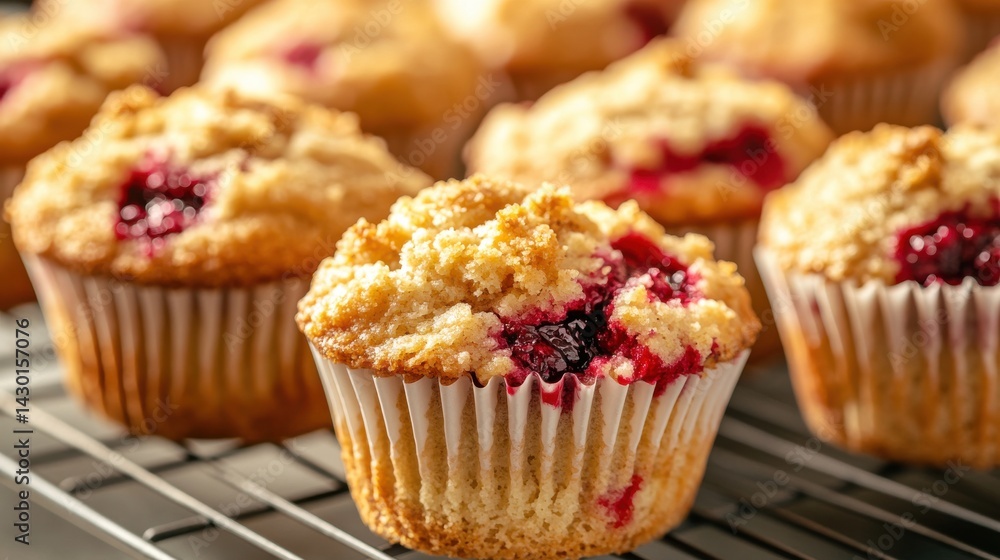 A close-up of a raspberry muffin with a crumble topping, sitting on a wire rack with other muffins in the background. A close-up of a raspberry muffin with a crumble topping, sitting on a wire rack with other muffins in the background.