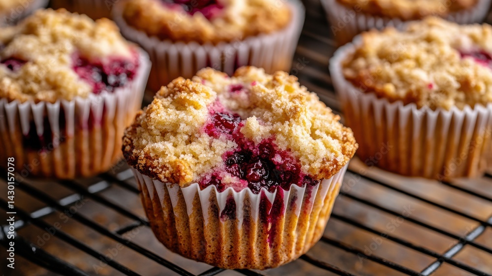 A close-up of a raspberry muffin with a crumble topping, sitting on a wire rack with other muffins in the background. A close-up of a raspberry muffin with a crumble topping, sitting on a wire rack with other muffins in the background.