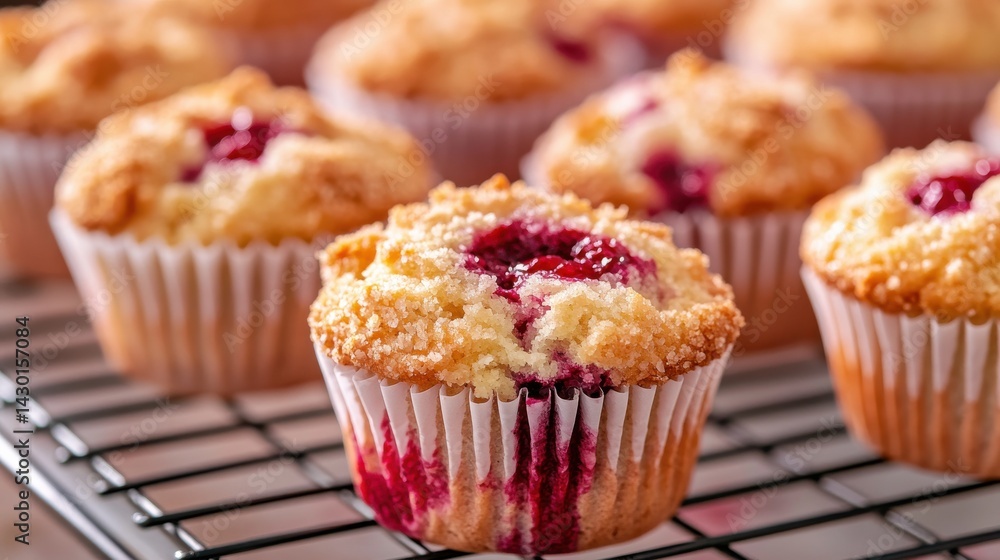 A close-up of a raspberry muffin with a crumble topping, sitting on a wire rack with other muffins in the background. A close-up of a raspberry muffin with a crumble topping, sitting on a wire rack with other muffins in the background.