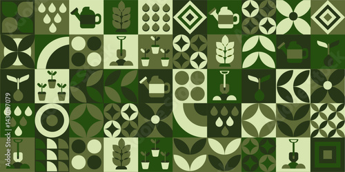 Green geometric mosaic pattern illustration with nature abstract shapes. Fresh organic concept background print minimalist shape texture, geometry collage.