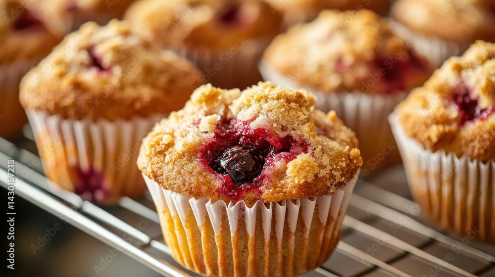 A close-up of a raspberry muffin with a crumble topping, sitting on a wire rack with other muffins in the background. A close-up of a raspberry muffin with a crumble topping, sitting on a wire rack with other muffins in the background.