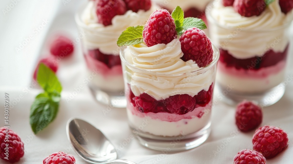 A layered raspberry dessert in a small glass with fresh mint, dusted with powdered sugar, on a white plate. A layered raspberry dessert in a small glass with fresh mint, dusted with powdered sugar, on a white plate.