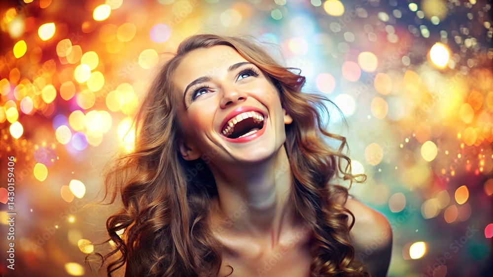 World Laughter Day, Radiant woman laughing joyfully with vibrant lights in sparkling bokeh background. World Laughter Day, Radiant woman laughing joyfully with vibrant lights in sparkling bokeh background.