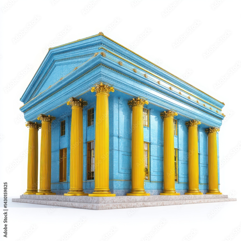 Obraz premium 3d blue building with gold columns isolated on white background
