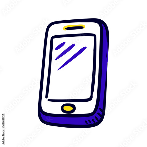 Illustration of a smartphone with a simplistic design featuring a white screen and purple outline, showcasing modern technology