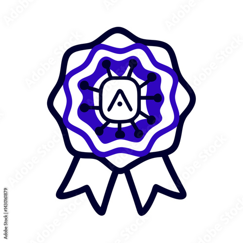 Tech badge design featuring a stylized ribbon with a central emblem, ideal for certifications and achievements